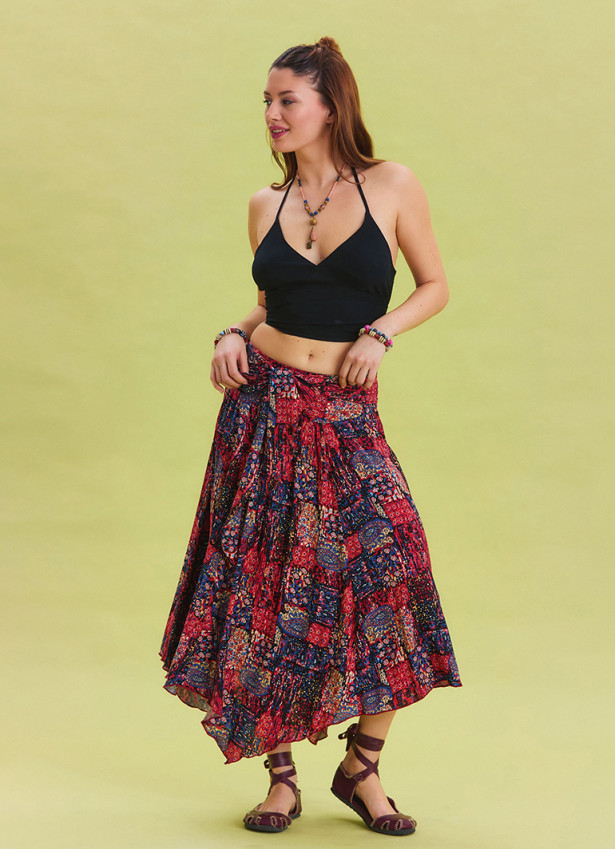 Red Casual Skirt with Gipe Detail and Tied Waist 4504